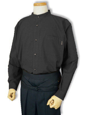 リネンストライプ 黒 スタンドカラーシャツ